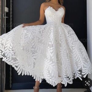 White Lace Strapless A-Line Dress